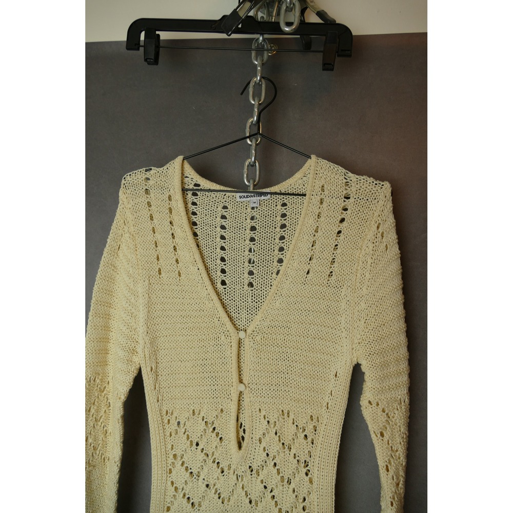 Solid And Striped Cream Crochet Knit Maxi Dress Long Sleeve V Neck Button Accent - Picture 14 of 15
